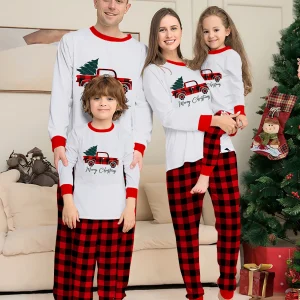 Family Matching Xmas Sleepwear - White Truck - Printed Tops & Red - Black Plaid Bottoms