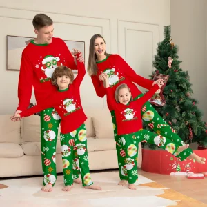 Family Matching Xmas Sleepwear - Red Cool Santa - Printed Tops & Green Printed Bottoms