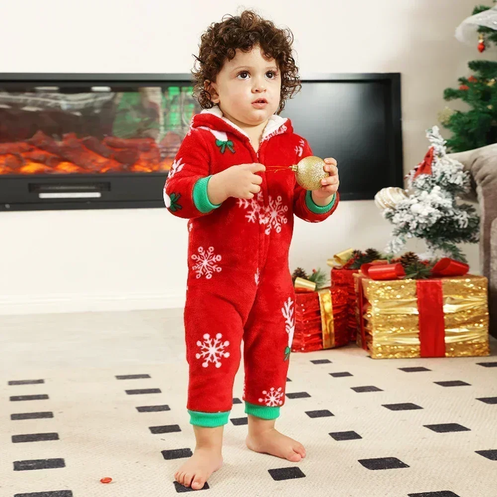 New Family Christmas Clothes Red Flannel Pajamas Warm Soft Jumpsuit Print Parent-child Matching Outfits Hooded Romper Xmas Look - Image 4
