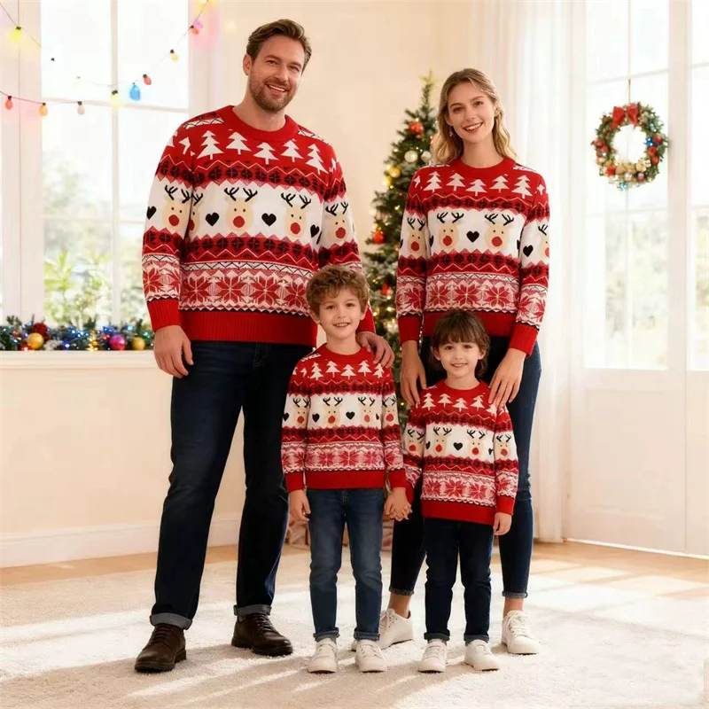 Christmas Family Matching Outfits Boys Girls Adult Cartoon Sweaters Mom Son Thermal Knitwear Autumn Dad Daughter Pullover