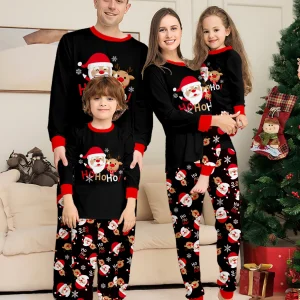 Family Matching Xmas Sleepwear - Black Santa - Printed Tops & Printed Bottoms