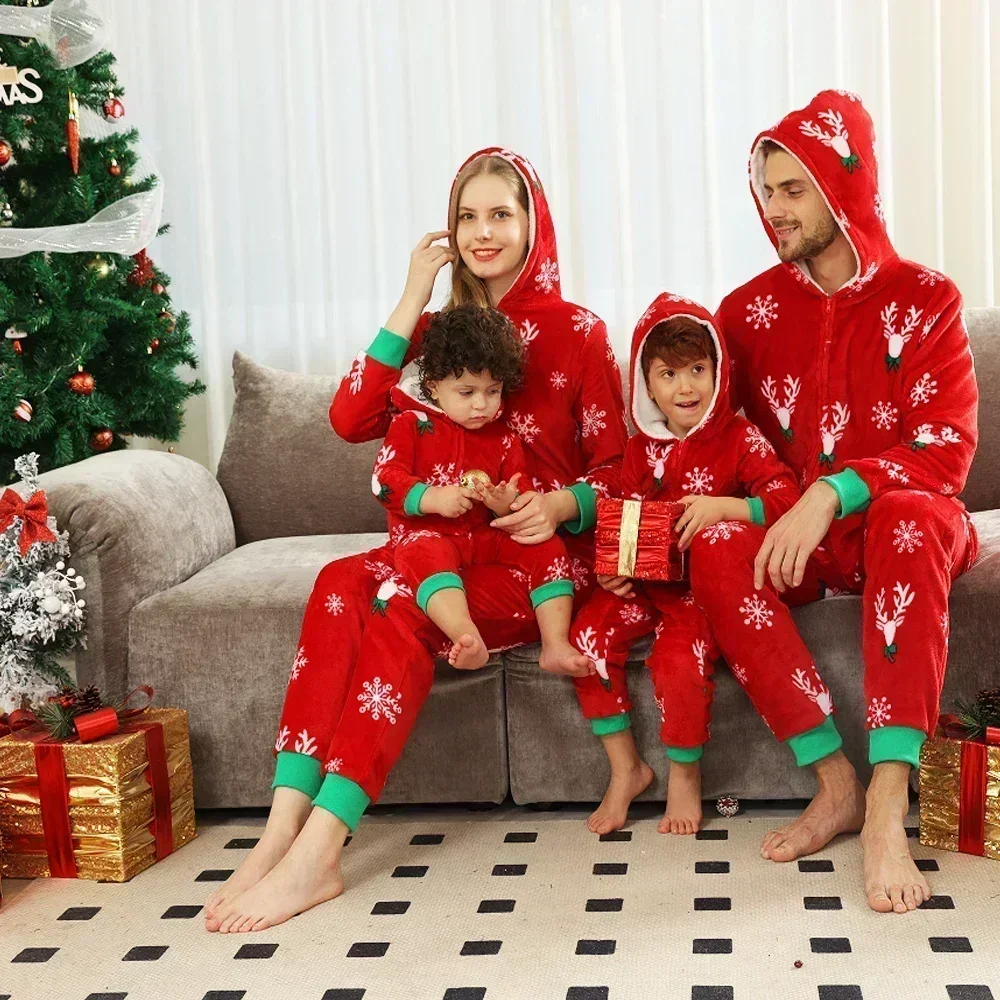 New Family Christmas Clothes Red Flannel Pajamas Warm Soft Jumpsuit Print Parent-child Matching Outfits Hooded Romper Xmas Look - Image 2