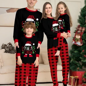 Family Matching Christmas Pajamas Set with Plaid, Santa & "CHRISTMAS CREW" Print, Cozy Xmas Loungewear