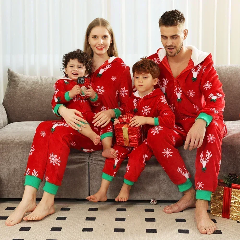 New Family Christmas Clothes Red Flannel Pajamas Warm Soft Jumpsuit Print Parent-child Matching Outfits Hooded Romper Xmas Look - Image 6