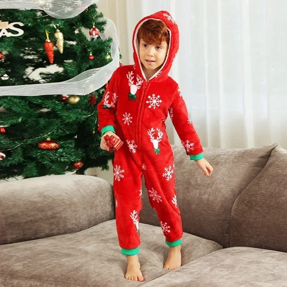 New Family Christmas Clothes Red Flannel Pajamas Warm Soft Jumpsuit Print Parent-child Matching Outfits Hooded Romper Xmas Look - Image 3
